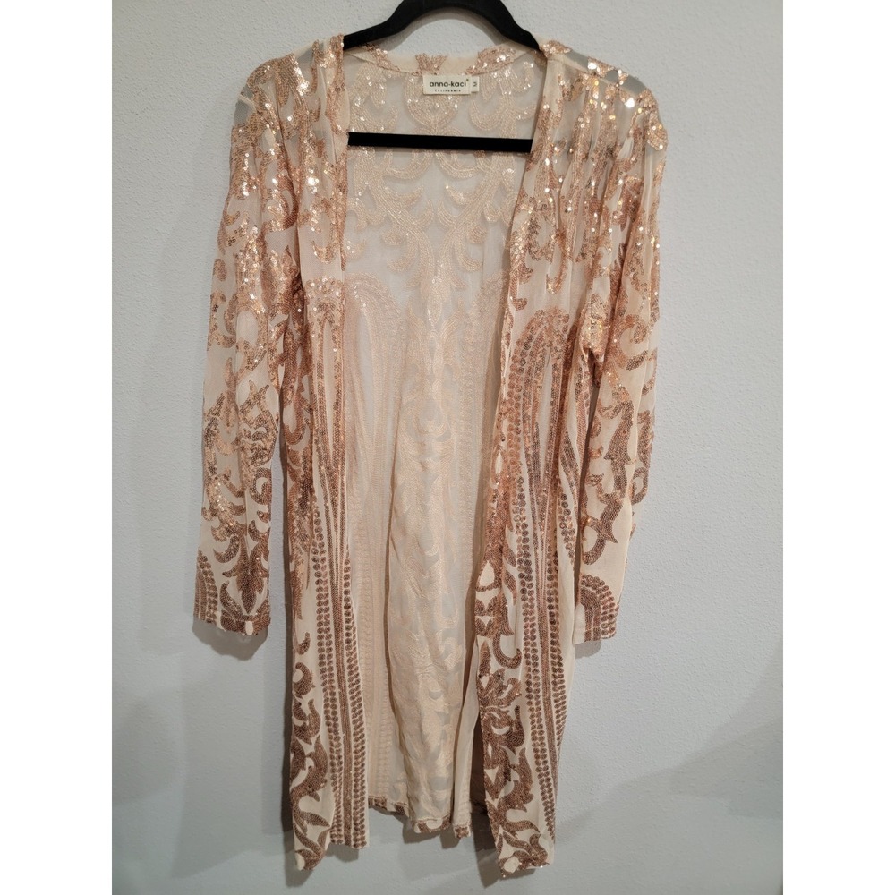 Anna-Kaci Sz M Sequin Pattern Long cardigan Duster See-Through Gold & Mesh